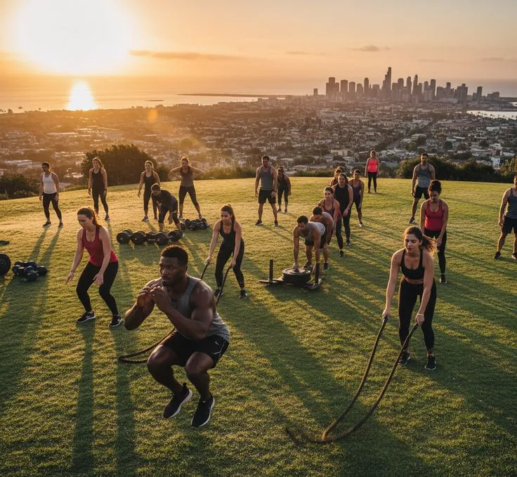 Motivated outdoor fitness group on a trail